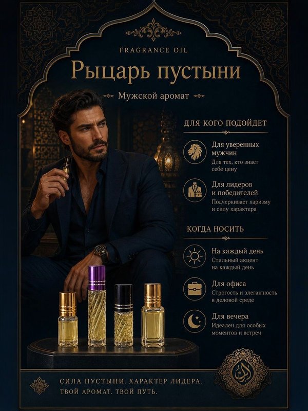 Масляные духи мужские Рыцарь пустыни , стойкие, шариковые, цветочно-цитрусовый аромат, 6 мл