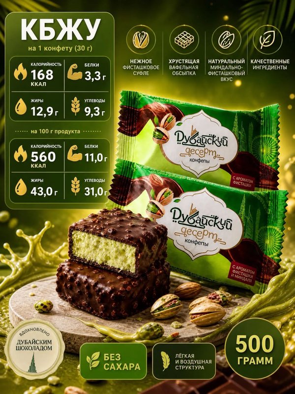 Конфеты Дубайский десерт миндально-фисташковый вкус, 500 грамм