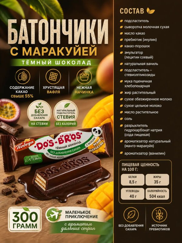 Конфеты Батончики с маракуей без сахара, 300 грамм