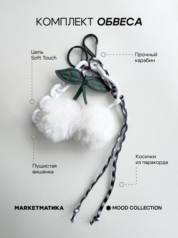 Меховой обвес на сумку, брелок на ключи, на джинсы Вишенка белая Маркетматика