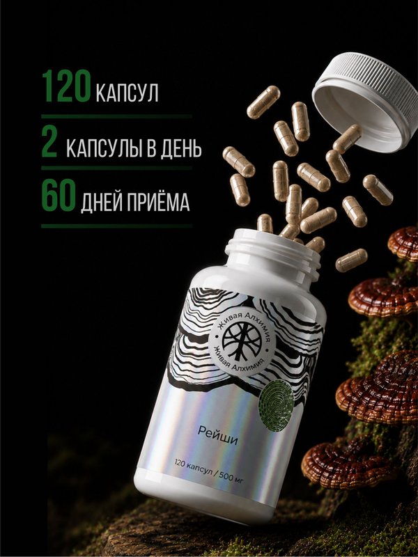 Живая Алхимия Рейши (Линчжи, Ganoderma lucidum) 120 капсул 500мг Грибы бессмертия и покоя