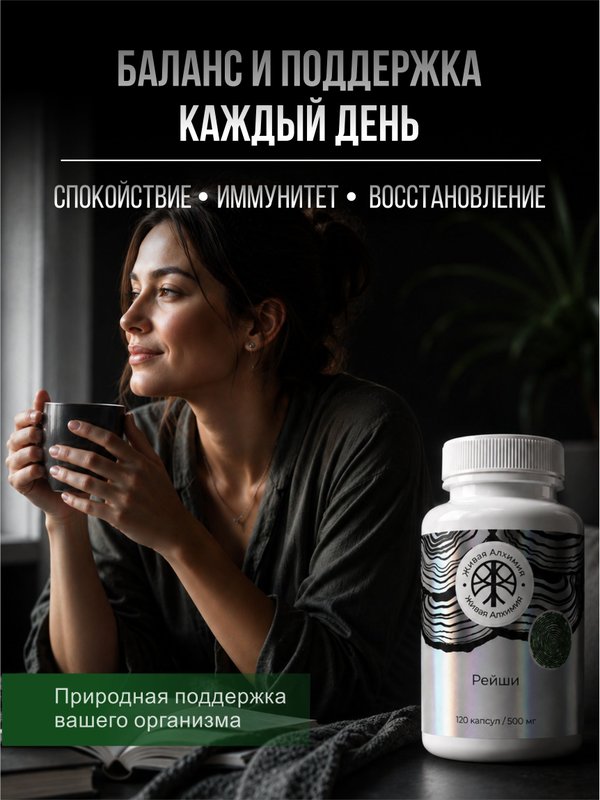 Живая Алхимия Рейши (Линчжи, Ganoderma lucidum) 120 капсул 500мг Грибы бессмертия и покоя