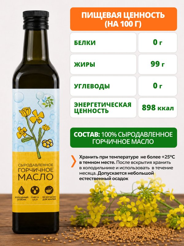 Масло горчичное холодного отжима сыродавленное 500мл нерафинированное О2 Натуральные продукты