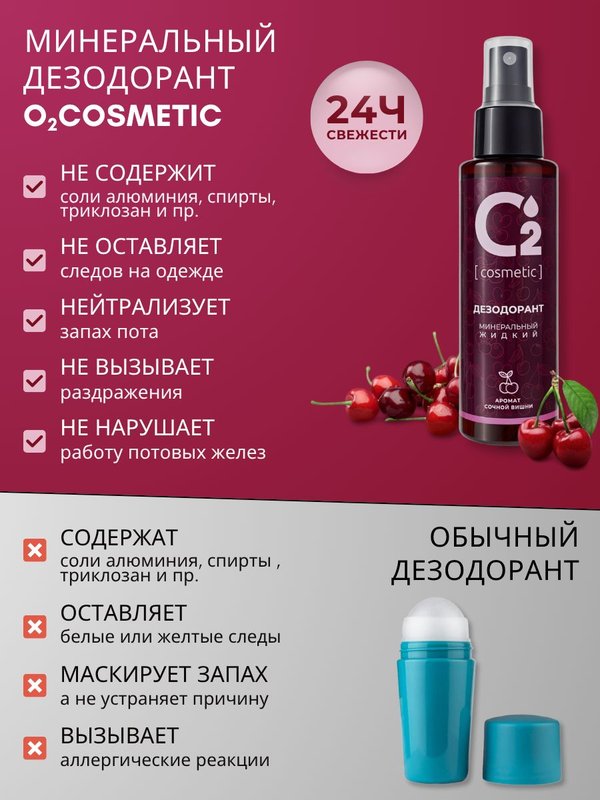Минеральный дезодорант спрей, натуральный без алюминия Вишня, 110 мл O2 cosmetic