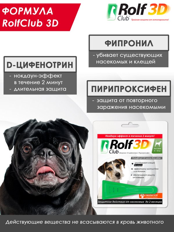 Капли для собак 4-10кг от клещей, блох и комаров Rolf 3D Club 1 пипетка, Фипронил/D-цифенотрин/Пирипроксифен