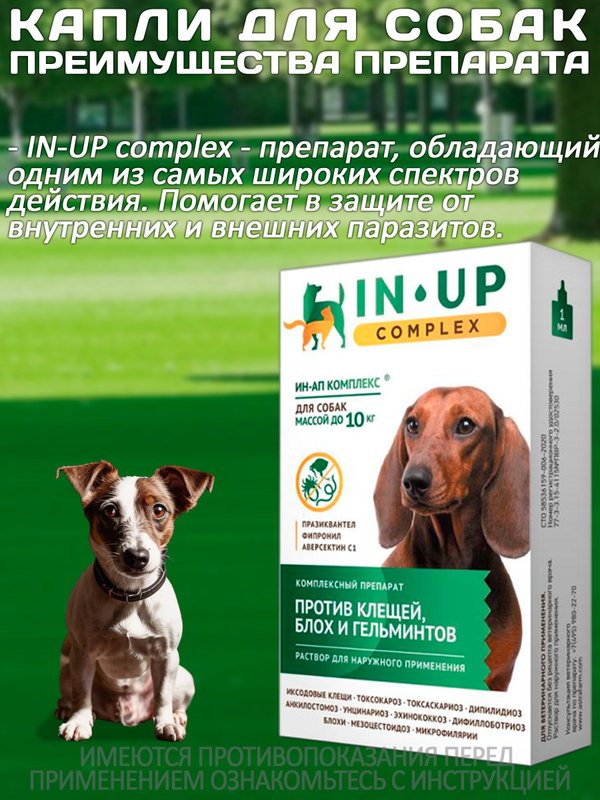Комплексные капли от блох, клещей и гельминтов для собак до 10кг IN-UP Complex (ИН-АП) Празиквантел/Фипронил/Аверсектин С1