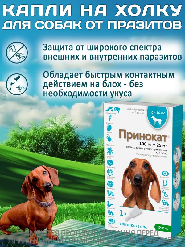 Принокат капли на холку от блох, клещей, вшей, власоедов и гельминтов для собак менее 4 кг (KRKA), Имидаклоприд/Моксидектин
