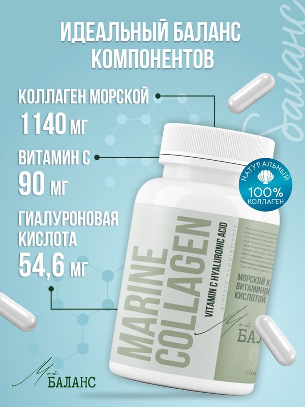 Коллаген Морской с гиалуроновой кислотой и витамином С пептидный, витамины для женщин для кожи, волос, ногтей и суставов