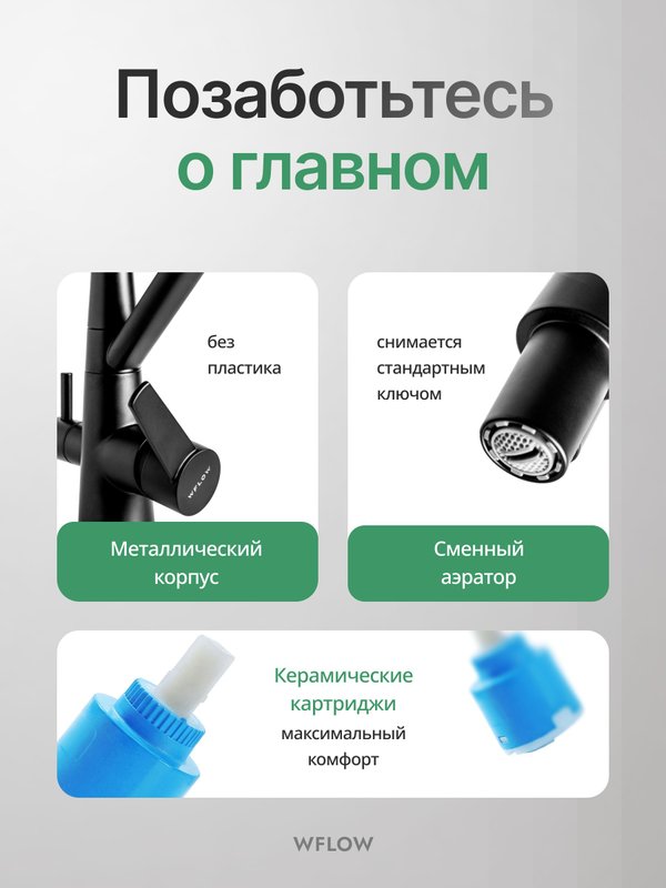 Смеситель для кухни с гибким изливом и фильтром для питьевой воды черный WfloW