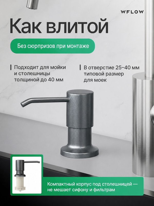 Дозатор для моющего средства на кухню встраиваемый с колбой 350мл WFLOW