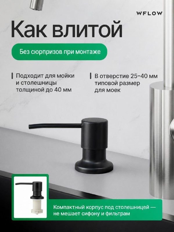 Дозатор для моющего средства на кухню, встраиваемый с колбой 350мл WFLOW