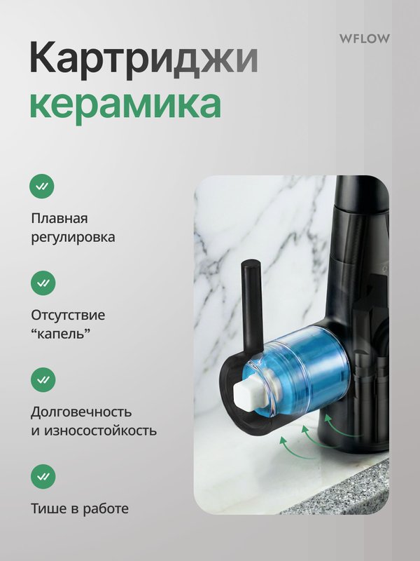 Смеситель для кухни с гибким изливом и фильтром для питьевой воды черный WfloW
