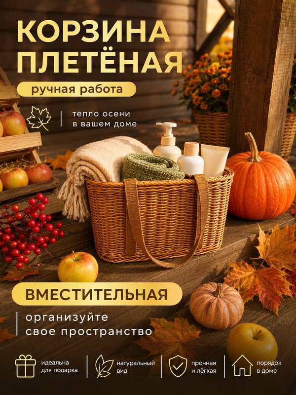 Корзина плетеная с ручками для хранения, для пикника БОЛЬШАЯ