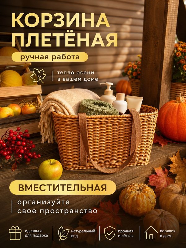 Корзина плетеная с ручками для хранения, для пикника БОЛЬШАЯ