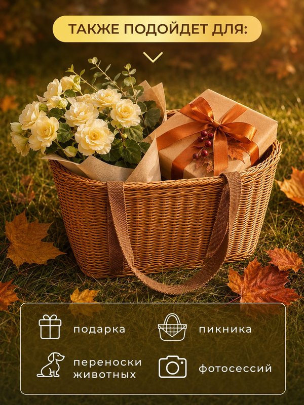 Корзина плетеная с ручками для хранения, для пикника БОЛЬШАЯ