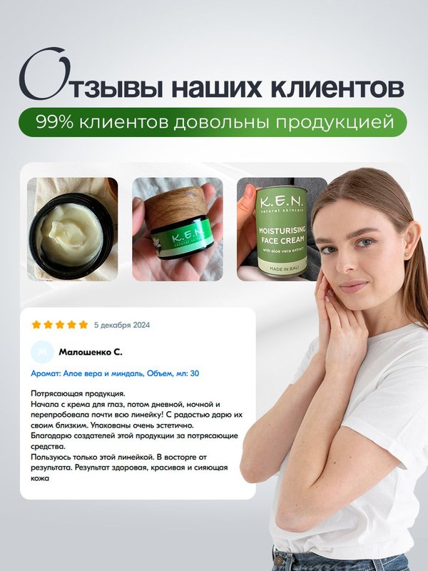 Дневной увлажняющий крем K.E.N. для всех типов кожи лица из натуральных компонентов, 30 мл