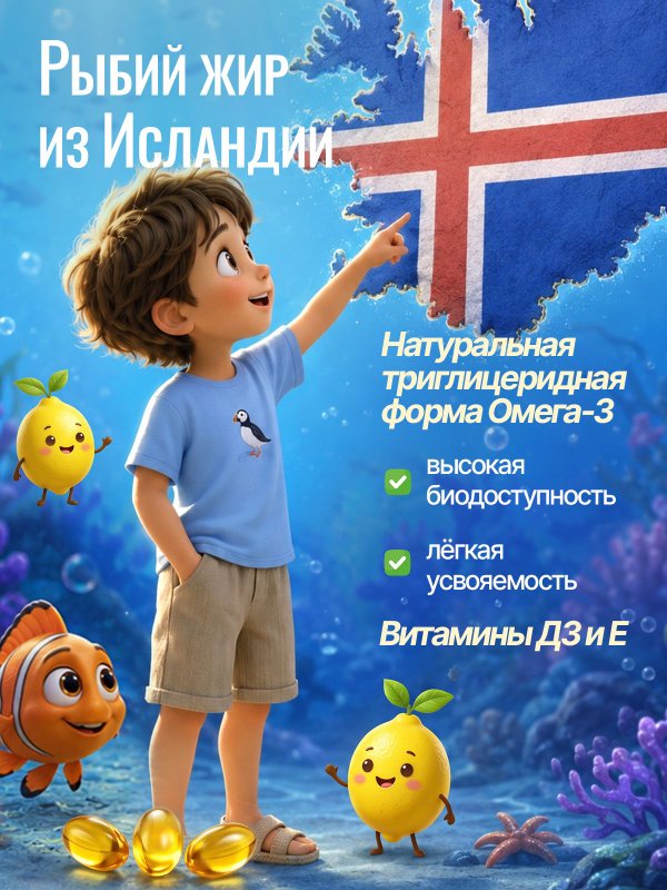 Детская Омега-3 с витаминами Е и Д со вкусом лимона, рыбий жир для детей