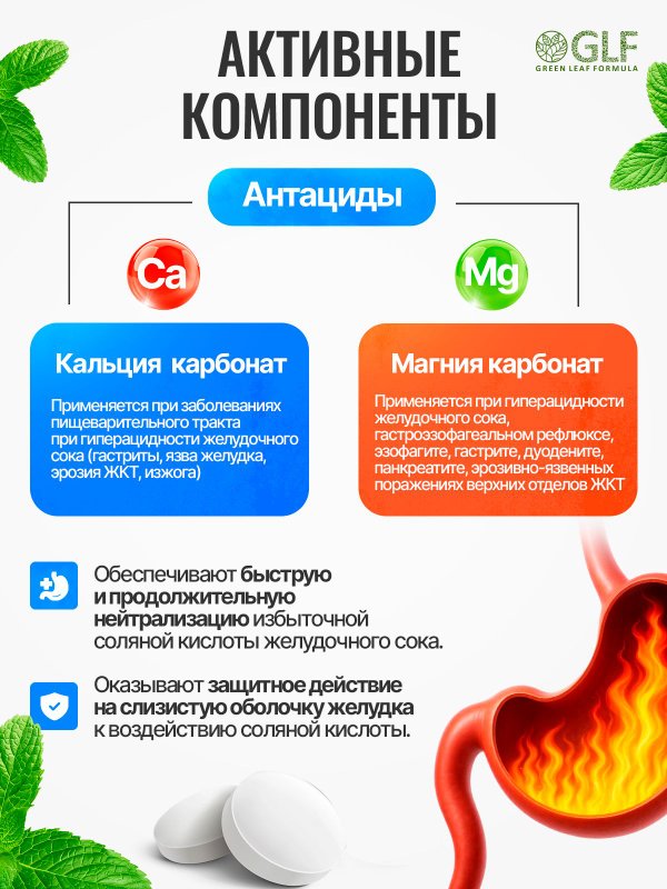 Таблетки жевательные от изжоги мятные, антациды, для желудка гастро, антацидный комплекс, карбонат кальция и магния от тяжести в желудке, для пищеварения