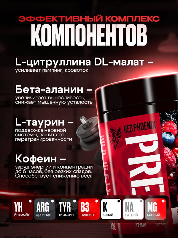 Предтренировочный комплекс / Спортивное питание для энергии Предтрен, PRE-WORKOUT пампилка со вкусом "Лесные ягоды" 35 порций, 210 гр