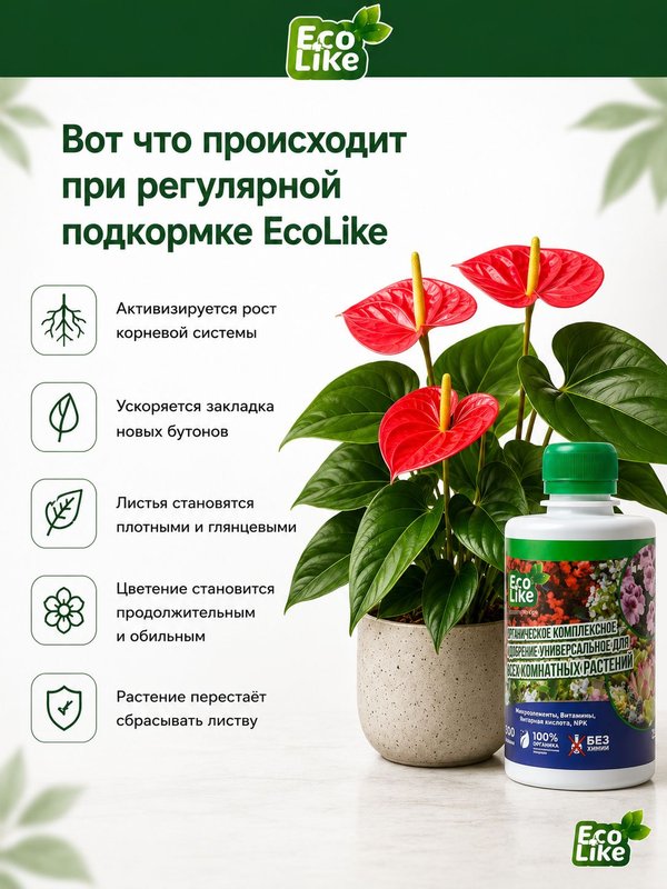 Органическое экоудобрение для комнатных растений спатифиллума, замиокулькаса EcoLike 250 мл