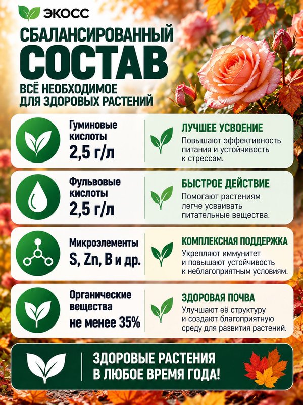 Осеннее удобрение для цветов садовых жидкое ЭКОСС 1литр концентрат / удобрение осеннее для роз, хризантем