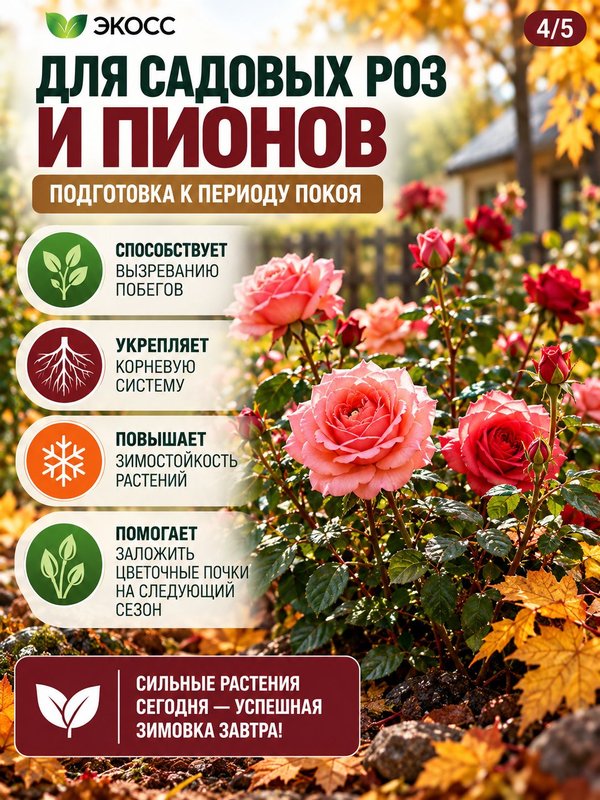 Осеннее удобрение для цветов садовых жидкое ЭКОСС 1литр концентрат / удобрение осеннее для роз, хризантем