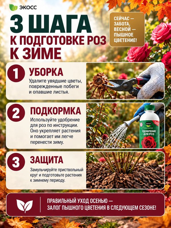 Осеннее удобрение для цветов садовых жидкое ЭКОСС 1литр концентрат / удобрение осеннее для роз, хризантем