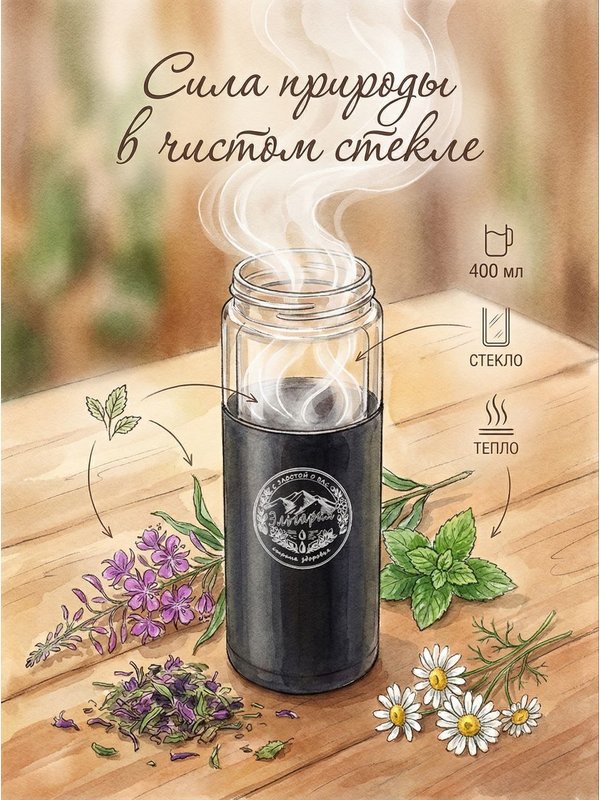 Термос "Эльгария" для чая и кофе, стеклянная колба, черный, 400 мл