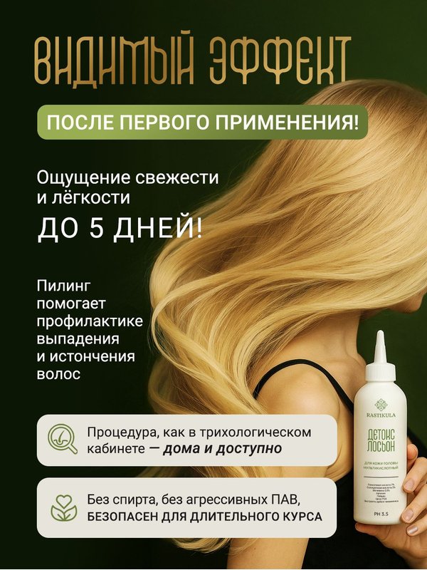 Детокс лосьон для кожи головы RASTIKULA 200мл, мультикислотный AHA+BHA пилинг, для очищения, свежести и роста волос