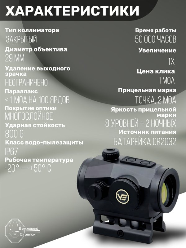 Коллиматорный прицел Vector Optics Scrapper закрытый, красная марка точка 2 МOA