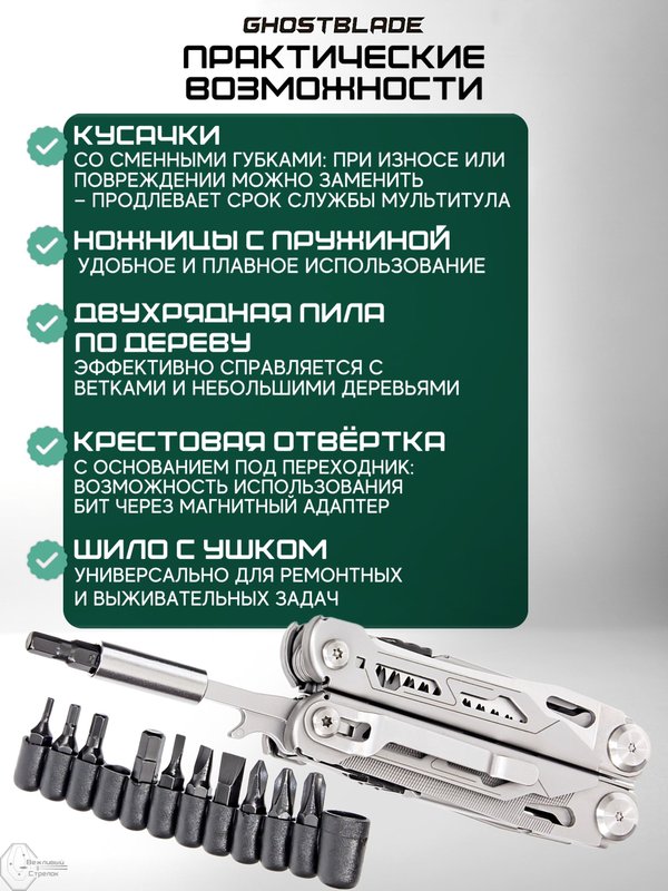 Мультитул тактический GhostBlade M-30, 18 инструментов, серебристый